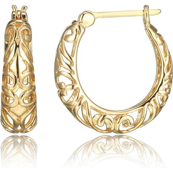 Sterling Silver Filigree Hoop Earrings Gold Plated Swirl Design Jewelry Gift - Picture 2 of 7